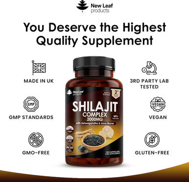 Shilajit Complex - Himilayan Shilajit Enriched With Ashwagandha & Lions Mane, High Strength 2000Mg Shilajit Complex Capsules With 60% Fulvic Acid - 2 Months Supply Made In The Uk By Leaf