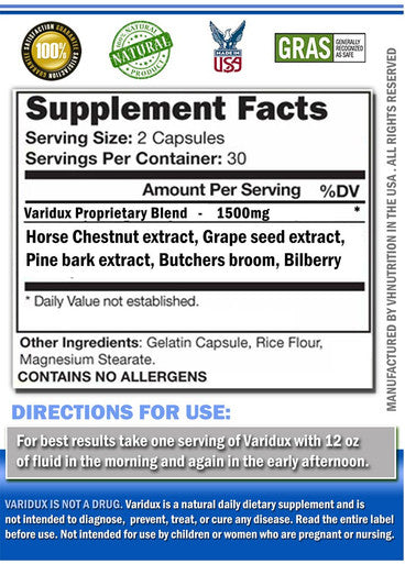 Varidux Varicose/Spider Veins Support Supplement in Pills to Improve Poor Vein Circulation in Legs