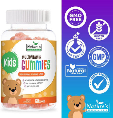 Nature's Gummies Daily Multivitamin for Kids + Vitamins C, D3 & Zinc for Immune Support - Children's Multivitamin Chewable, Gluten Free, Non-GMO, Tasty Strawberry Flavored - 60 Gummies