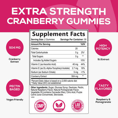 Nature's Nutrition Cranberry Gummies 5X Extract, Urinary Tract Health Support - Vitamin C for Immune Support, Non-GMO, Gluten Free Cranberry Concentrate Supplement Pills for Men & Women - 60 Gummies
