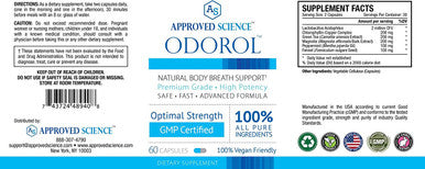 Approved Science Odorol 60 Capsules Freshen Bad Breath and Body Odor Contains L.acidophilus Green Tea Magnolia Bark Peppermint Oil and Fennel All Natural Vegan Friendly NonGMO