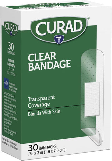 Curad Clear Plastic Self-Adhesive Bandages 3/4" x 3" Essential First Aid Supplies 30 per Box Pack of 6