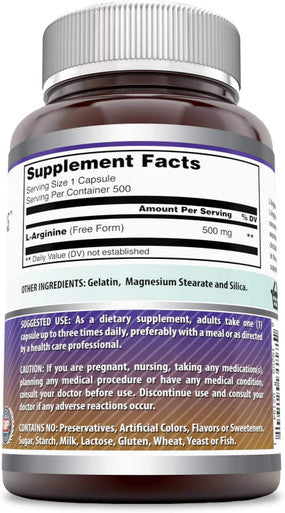 Amazing Nutrition Formulas L-Arginine Supplement | 500 Mg Per Serving | Capsules | Amino Acid Supplement for Men & Women | Non-GMO | Gluten | Made in USA (500 Count)