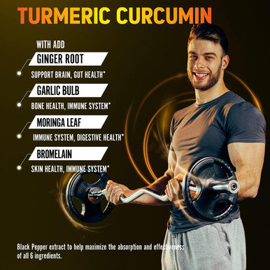 6 in 1 Turmeric Curcumin + Ginger Capsules, 95% Curcuminoids, Equivalent to 13050mg, with Ginger, Garlic Bulb, Bromelain, Moringa, Black Pepper, Joint Inflammatory & Absorption Support