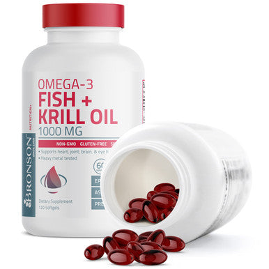 Bronson Omega-3 Fish + Krill Oil 1000 MG EPA Astaxanthin Premium Blend - Joint, Brain & Eye Health - Non GMO, Heavy Metal Tested, 120 Softgels