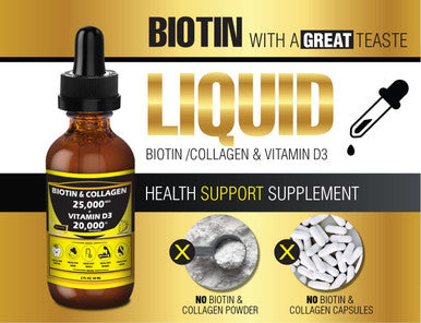 Nature ManuPremium 25000mcg Liquid Biotin Collagen20000iu Vitamin D3 Allinone Wellness Daily Drops. Supports Healthy Skin Stronger Nails Hair Growth. Tasty Strawberry Flavor 2 FL OZ/60 ML