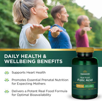 Swanson Real Food Folic Acid Folate Vitamin B-9 Cardiovascular Prenatal Health from Citrus Limon Extract Vegan Gluten- Non-GMO B9 1000 mcg 100 Veggie Capsules