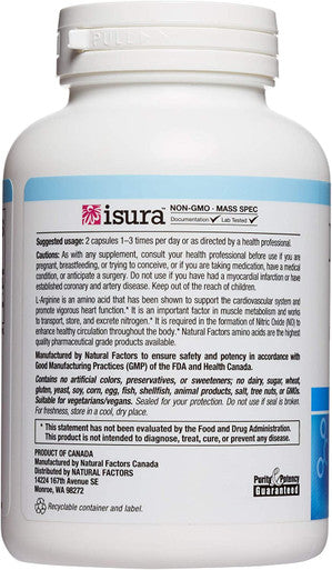 Natural Factors LArginine 500 mg Supports a Healthy Cardiovascular System Heart and Muscle Metabolism 180 capsules 180 servings