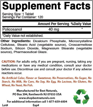 Best Naturals Policosanol 40mg 120 Tablets - Promotes Healthy Cardiovascular Function