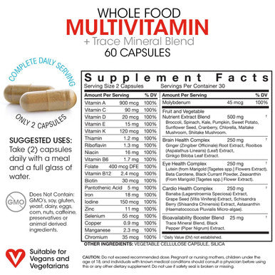 Silver Fern Whole Food Daily Multi Vitamin W/Trace Mineral Blend Supplement - 4 Bottles - 60 Vegicaps Each - 120 Day Supply - Natural, Non-Gmo, Vegan, Multivitamin - Zero Synthetics