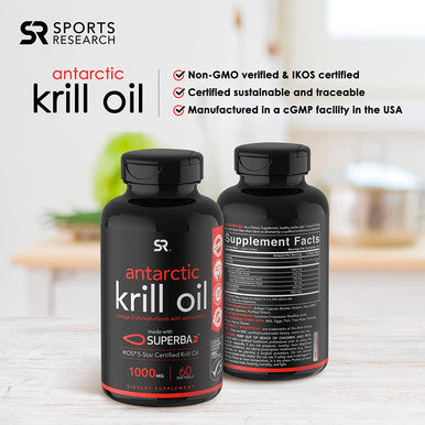 Sports Research Krill Oil Supplement with EPA DHA Omega 3 Phospholipids Astaxanthin from Antarctic Krill Highest Concentration of Krill Oil for Men Women 1000mg 60 Softgel Capsules