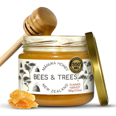 Bees & Trees Manuka Honey 350+ MGO - Raw Pure New Zealand Monofloral Honey Ã¢â‚¬â€œ Unpasteurized & Natural Unfiltered Manuka for Tea, Coffee, Dressings, Smoothies & Daily Use Ã¢â‚¬â€œ Glass Jar, 380g (13.4oz)