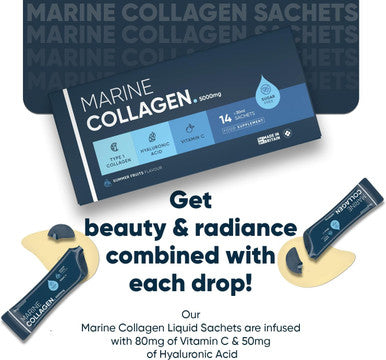 Weightworld Marine Collagen Liquid | 30ml x 14 Liquid Sachets | 5000mg Hydrolysed Liquid Collagen Sachets | with Vitamin C & Hyaluronic Acid | Type 1 Collagen | Tasty Liquid Collagen Supplements for Women & Men