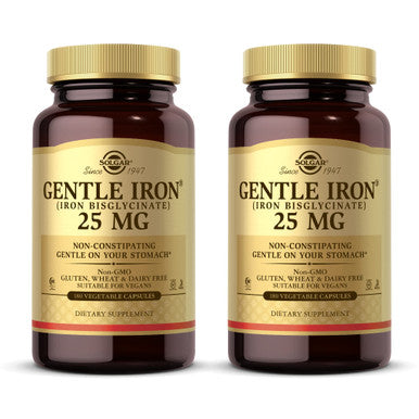 Solgar Gentle Iron (Iron Bisglycinate) 25 Mg - 180 Vegetable Capsules Pack Of 2 - Non-Constipating Gentle On Your Stomach - Non-Gmo Gluten Free - 360 Total Servings