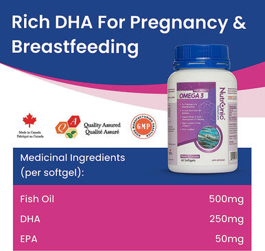 Prenantal Omega 3 DHA - Supports Brain Development in Babies During Pregnancy and Lactation, Unflavoured, No After Taste, 60 counts, Nutronic