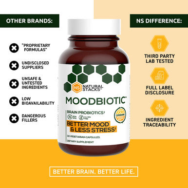 MoodBiotic Probiotics for Women & Men - Probiotic Lactobacilli Supplement w/ 6 Billion CFU for Better Mood, Stress Management, Improved Cognition & Gut Health (30ct) - w/ Cerebiome