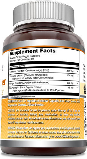 Amazing Nutrition Formulas Turmeric Curcumin & Ginger with BioPerine 2250 mg Per Serving Veggie Capsules | Non-GMO | Gluten | Made in USA | Ideal for Vegetarians (180 Count)