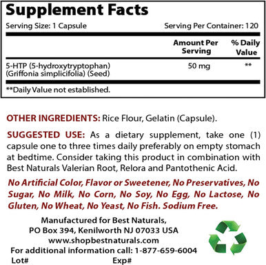 Best Naturals 5-HTP 50 mg 120 Capsules 5 HTP Capsules Supports Relaxation & restful Sleep