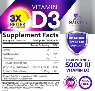 Nature'S Nutrition Vitamin D3 Gummy Vitamins Extra Strength 5000 IU (125 mcg) High Potency Vita D Gummies Dietary Supplement - Bone Teeth Muscle & Immune Support Nature's Vitamin D Supplement Non-GMO - 120 Gummies