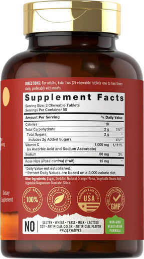 Carlyle Vitamin C Chewables | 1000mg | 100 Tablets Natural Orange Flavor | Vegetarian Non-GMO & Gluten Supplement | Tahoe Nutritionals