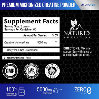 Creatine Monohydrate Micronized Powder 5000mg Per Serv (5g) - Keto Friendly Workout Supplement, Pure Unflavored, Vegan, Nature's Creatine Pre Workout Supplements - 300 Grams - 60 Servings