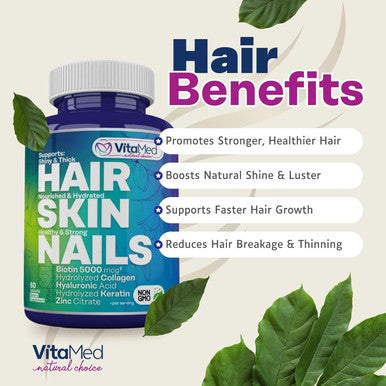 Hair Skin And Nails Vitamins - Collagen Pills For Hair Growth, Biotin 5000Mcg To Strengthen Nails And Glowing Skin, Hyaluronic Acid, Vitamin C, E, B6, Keratin Hair Treatment (60 Tablets)