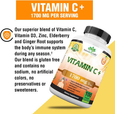 Naturalife Labs A Higher Standard Vitamin C 1,700 Mg With Vitamin D3, Zinc, Elderberry, Ginger Root - Maximum Strength Multi System Immune Support- 100 Veggie Capsules