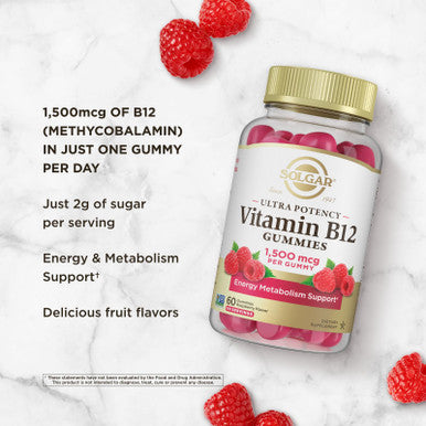 Solgar Methyl B12 Gummies For Adults 1 500Mcg Ultra Potency Vitamin For Energy & Metabolism Support Raspberry Flavor Vegan & Gluten Free Gummy For Women & Men 2 Month Supply 60 Servings 2G Sugar