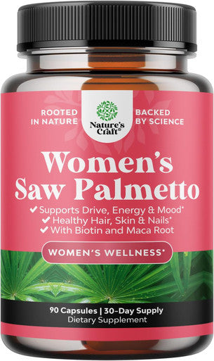 Natures Craft Extra Strength Saw Palmetto for Women - DHT Blocker Restoring Hair Vitamins for Hair Health - 500mg Pure Saw Palmetto Capsules with Maca Root & Biotin for Stronger Thicker Healthier Looking Hair