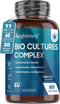 Weightworld Bio Cultures Complex Probiotics and Prebiotics - 77 Billion CFU - 20 Live Bacterial Cultures - 60 Probiotic Complex Capsules for Women & Men - Lactobacillus Acidophilus Gasseri Rhamnosus & Reuteri