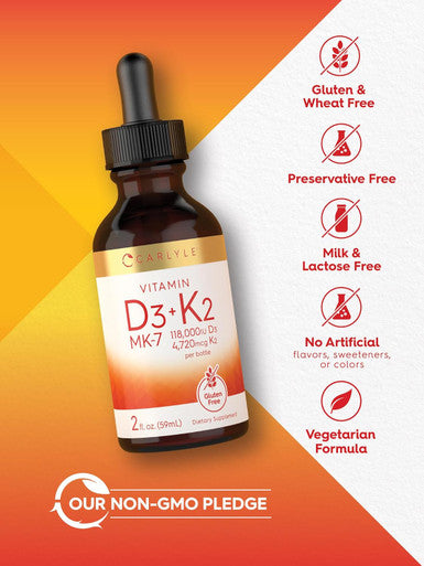 Carlyle Vitamin D3 K2 Liquid | 2 Fl Oz | MK-7 Supplement | Vegetarian Non-GMO Gluten