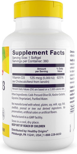 Healthy Origins Vitamin D3 5, 000 IU (Non-GMO), 360 Softgels