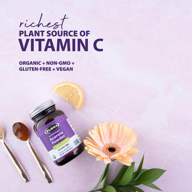 Flora Acerola Powder Daily Immune Booster with Vitamin C Gluten Free Vegan Vitamin C Antioxidant Powder 1.7oz. Glass Bottle
