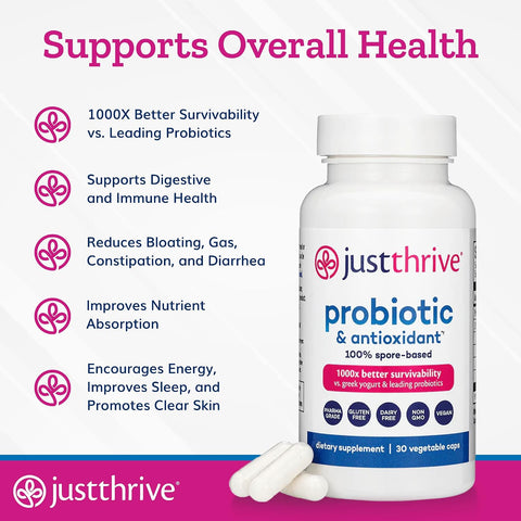 Just Thrive Probiotic & Antioxidant Supplement - 100% Spore-Based Digestive And Immune Support - Gluten 30 Caps