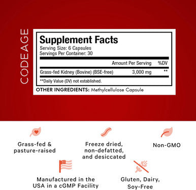 Codeage Grass Fed Beef Kidney Supplement - ze Dried Non-Defatted Desiccated Beef Kidney Glandulars Nutrition Bovine Pills Pasture Raised Beef Vitamins for Kidney - Non-GMO -180 Capsules