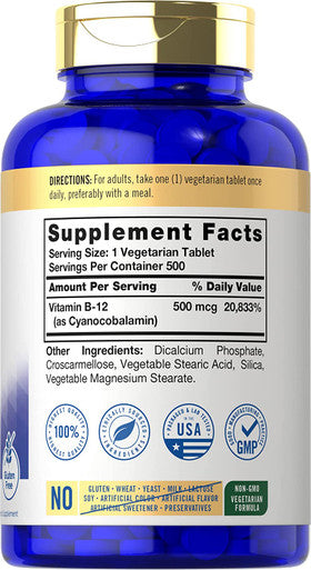 Carlyle Vitamin B12 500mcg | 500 Tablets | Vegetarian, Non-GMO, Gluten Free