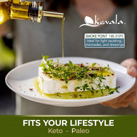 Kevala Extra Virgin Organic Olive Oil - Gluten-Free and Cholesterol-Free Oil Perfect for Frying and Cooking, Smooth Base for a Ranch Dressing, Cold Pressed and Unrefined, Bulk Size 128 oz
