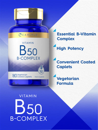 Carlyle Vitamin B50 Complex | 180 Caplets | Vegetarian, Non-Gmo, Gluten Free