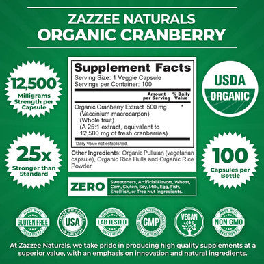 Zazzee Usda Organic Cranberry 25:1 Extract, 12,500 Mg Strength, 100 Vegan Capsules, Over 3 Month Supply, Standardized, Concentrat