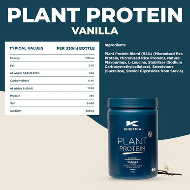 Kinetica Kinetica Vanilla Flavour Plant Protein 1kg | Blend of Pea and Rice Protein | Vegan | 23g Protein per Serving 33 Servings.