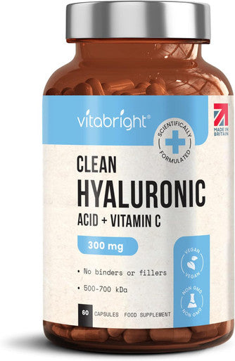Vitabright Hyaluronic Acid Supplements 300mg + Vitamin C Pure Hyaluronic Acid Capsules of Hyaluronic Acid Powder NO Additives Strong Hyaluronic Acid Tablets VitaBright Hyaluronic Acid Nutritional Supplements