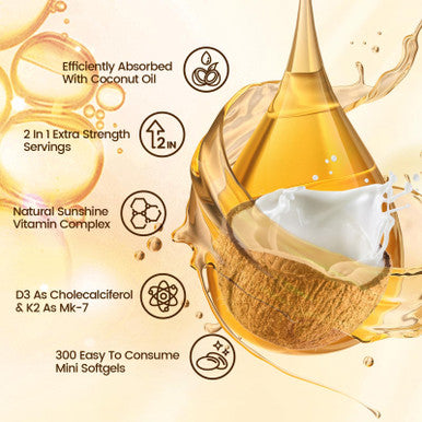VivoNu Vitamin D3 K2 10000 IU with MK7-300 Virgin Coconut Oil Softgels, 2 in 1 Vitamins D and K Complex Vitamina D3 con K2 Supports Calcium Absorption Bone Immune and Heart Health Easy to Swallow