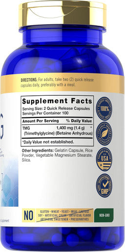 Carlyle TMG 1400mg | 200 Trimethylglycine Quick Release Capsules | Non-GMO & Gluten Supplement