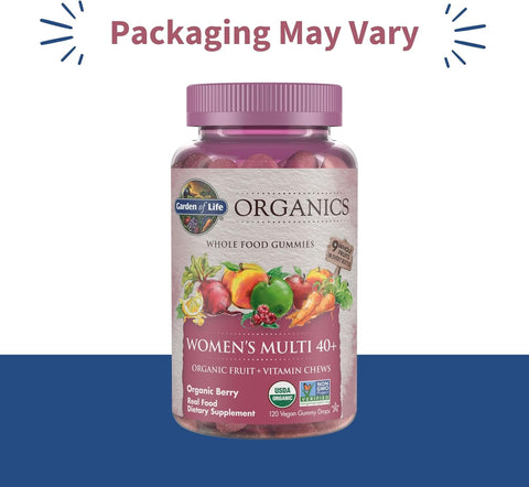Garden Of Life Organics Women 40+ Gummy Vitamins Berry Organic NonGmo Vegan Kosher Complete Multi Methyl B12 C and D3 Gluten Soy and Dairy 120 Real Fruit Gummies