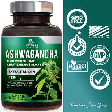 Organic Ashwagandha 1,950 mg - Vegan Ashwagandha Root Supplement - Relax, Calm, Focus & Unwind with Potent Mood, Stress & Immune Support - Extra Strength Extract Powder, Non-GMO - 180 Capsules