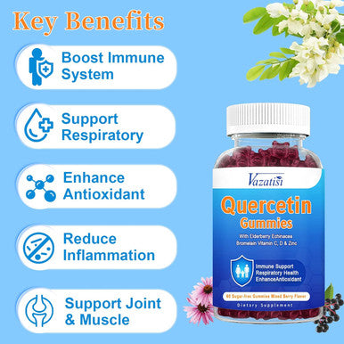 Quercetin Gummies For Kids, Adults Women Men, 1200 Mg Quercetin With Bromelain Elderberry Vitamin C Zinc Echinacea Immune Support Supplement, Mixed Berry Flavor 60 Cts
