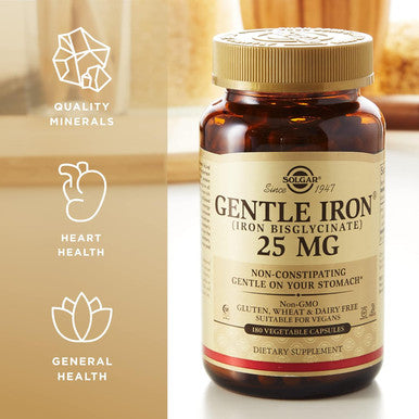 Solgar Gentle Iron (Iron Bisglycinate) 25 Mg - 180 Vegetable Capsules - Non-Constipating, Gentle On Your Stomach - Non-Gmo, Gluten - 180 Servings