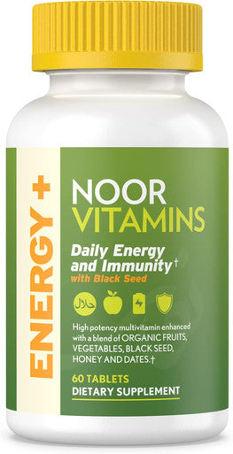 Noor Vitamins Energy+ Multivitamin Halal Vitamin For Energy Production & Immunity, 26 Vitamins & Minerals, Black Seed, Dates, Honey, For Men & Women. Gelatin Free, 2 Month Supply