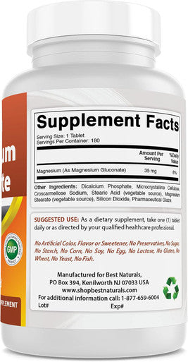 Best Naturals Magnesium Gluconate (35 mg Elemental Magnesium from 600mg of Magnesium Gluconate) 180 Tablets