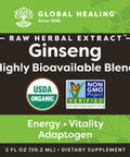 Global Healing Ginseng Fuzion Organic Raw Herbal Extract - Liquid Supplement Drop Promotes Energy and Reduces Stress & Anxiety - Korean (Panax), Siberian, Maca, Ashwagandha - Non-GMO - 2 Fl Oz